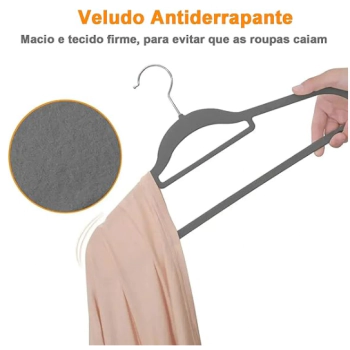 Cabide de Veludo Adulto com Gravateiro 42 cm Cinza 10 pecas