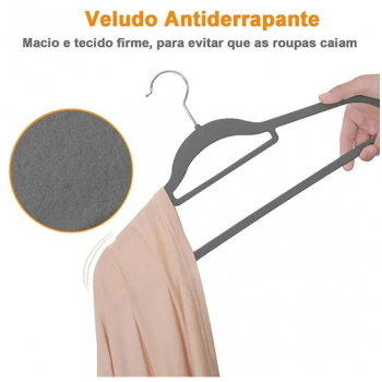 Cabide de Veludo Adulto com Gravateiro 42 cm Cinza 100 pecas